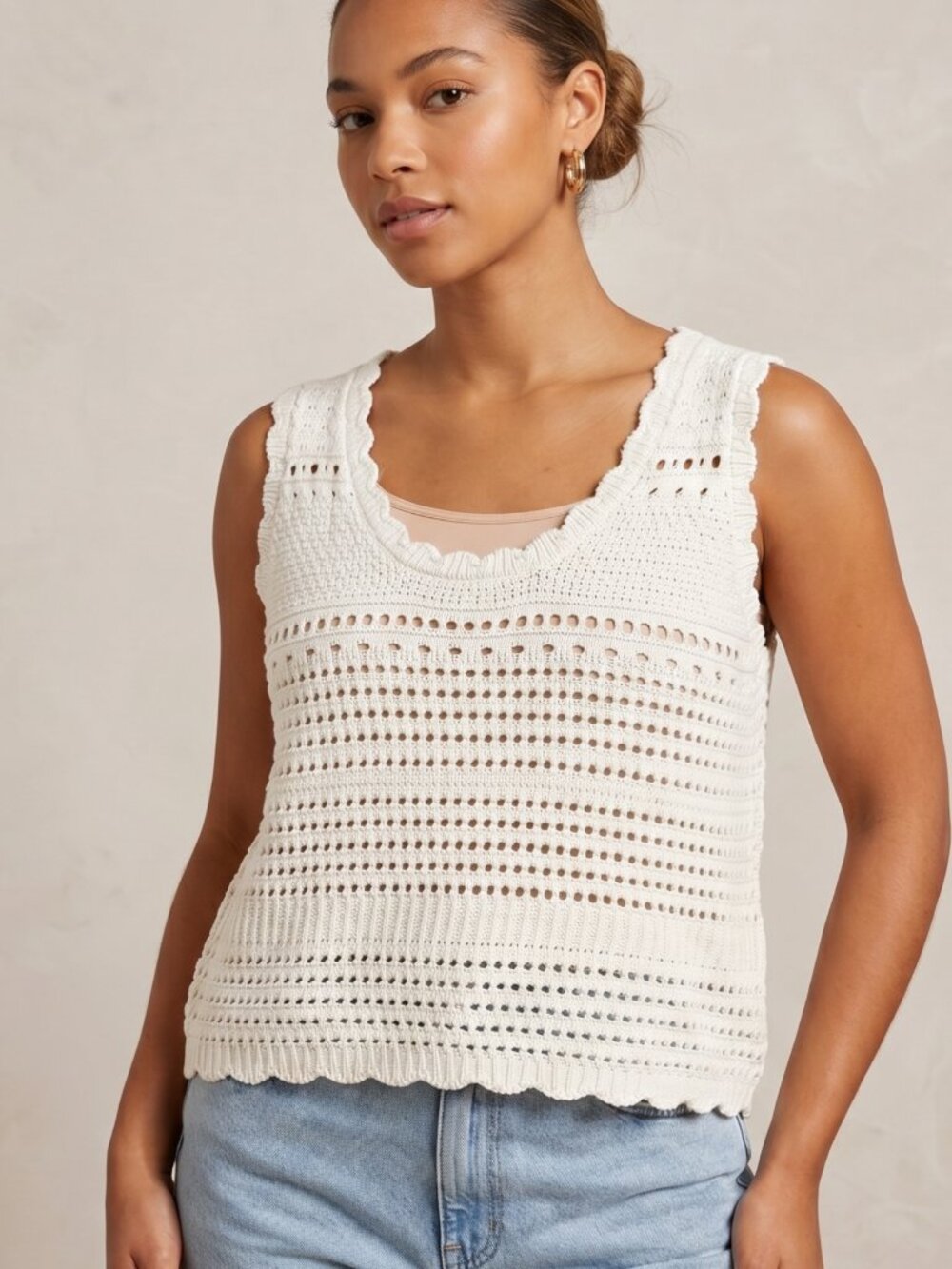 NWOT Off-White Cream Knit Sleeveless Top Eyelet Hole Detail Crochet Style Large